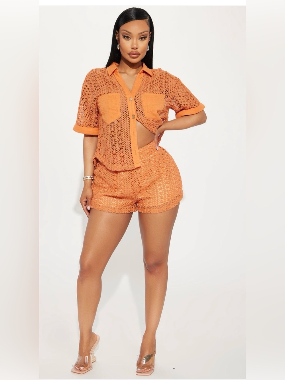 NWT Crochet Two-Piece Short Set in Rust